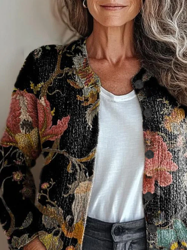 Women Floral Long Sleeve Comfy Vintage Printing Cardigan