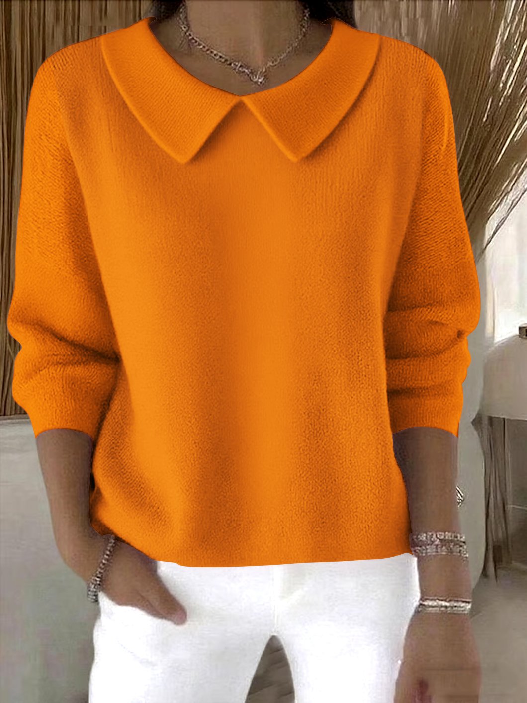 Women Cotton Plain Long Sleeve Comfy Casual Sweater