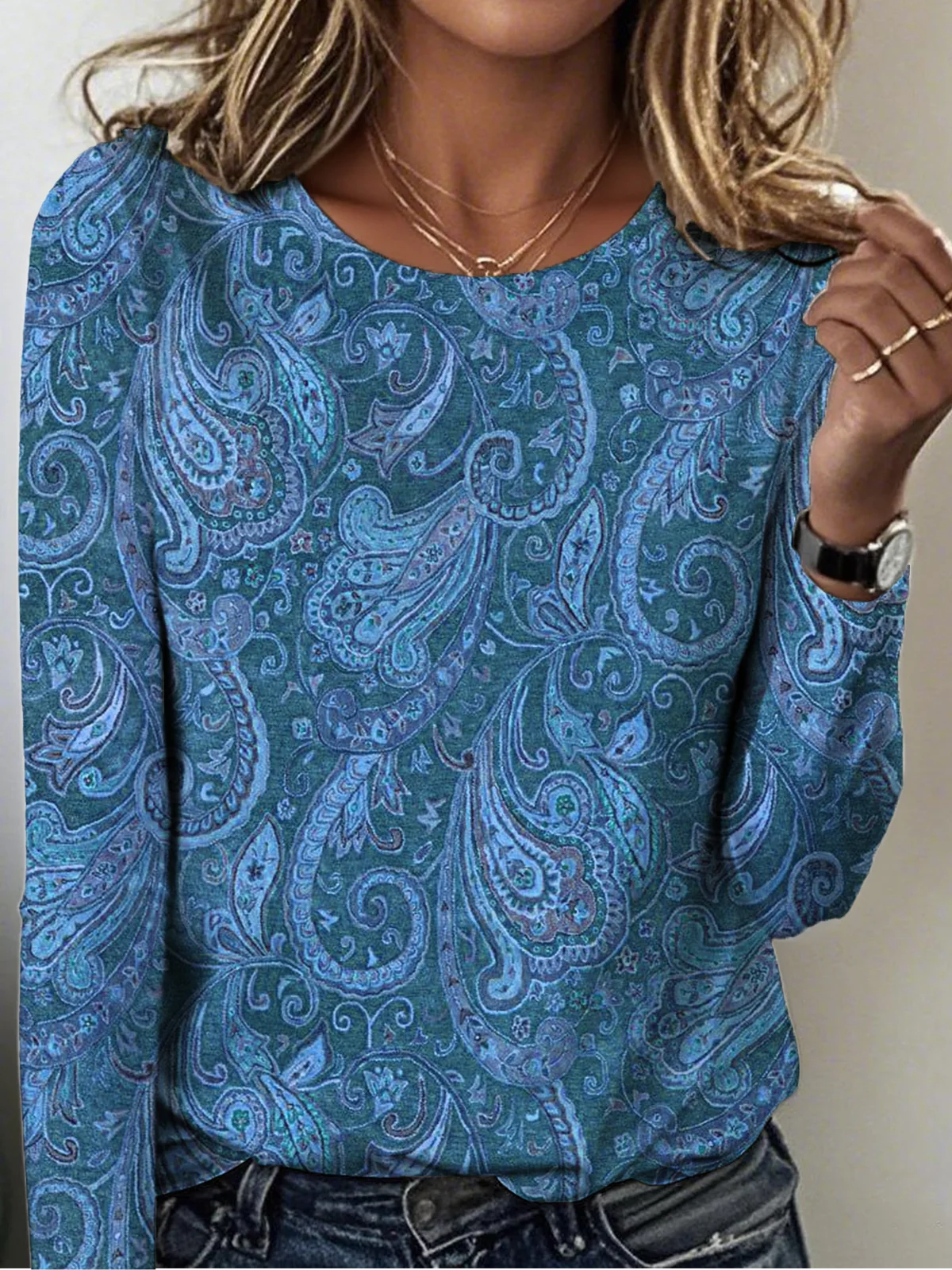 Vintage Paisley Crew Neck Long Sleeve T-shirt