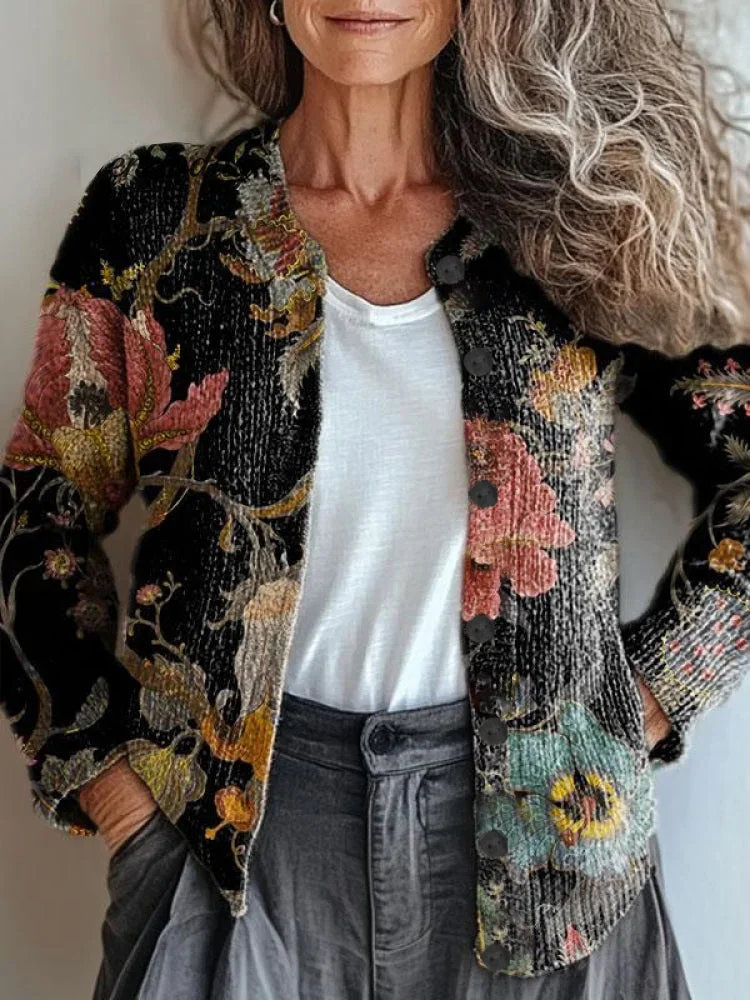 Women Floral Long Sleeve Comfy Vintage Printing Cardigan