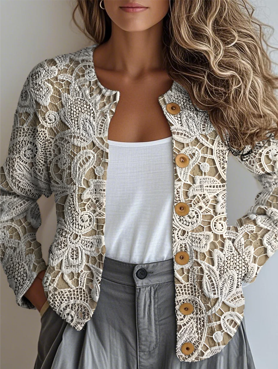 Women 3D Floral Print Long Sleeve Comfy Vintage Cardigan