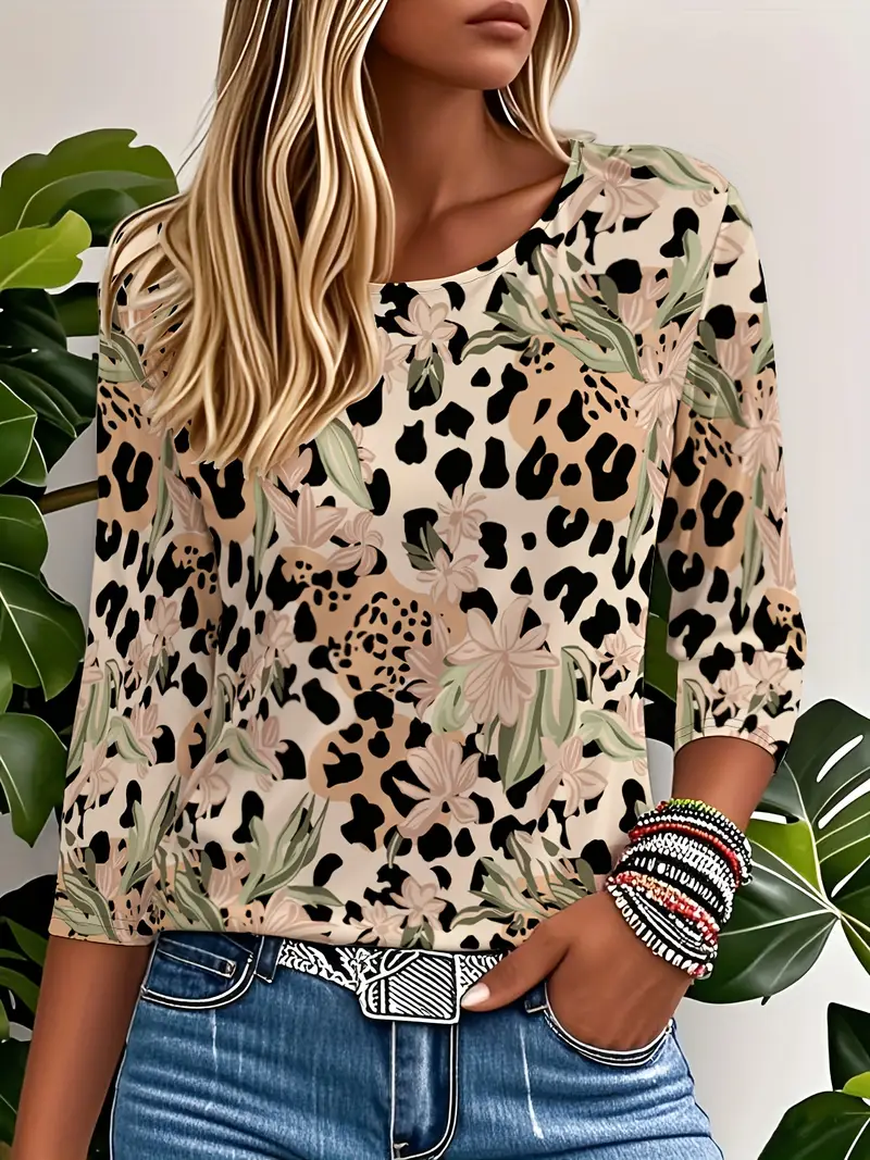 Casual Floral Crew Neck Three Quarter Sleeve T-shirt