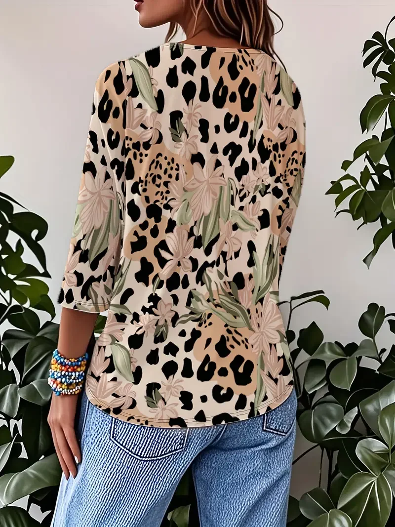 Casual Floral Crew Neck Three Quarter Sleeve T-shirt