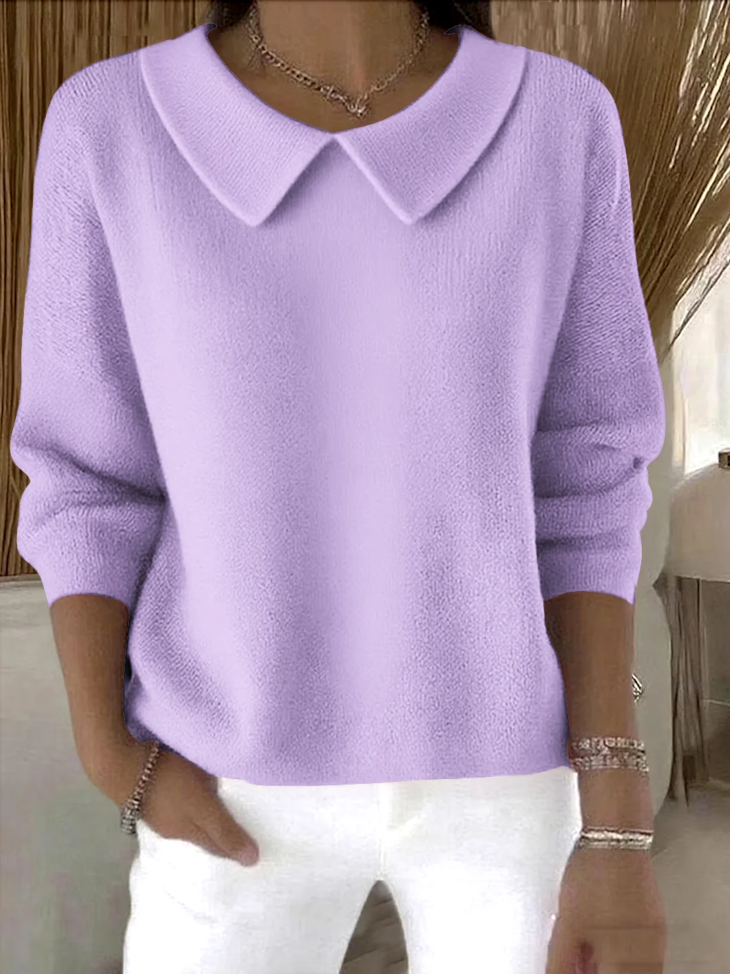 Women Cotton Plain Long Sleeve Comfy Casual Sweater