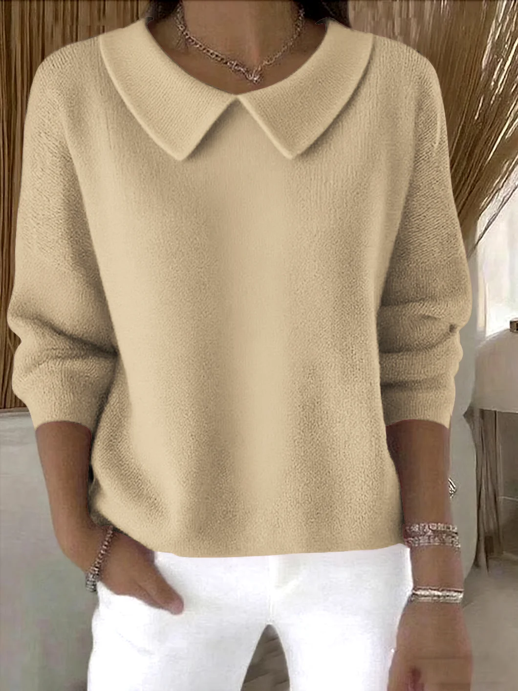 Women Cotton Plain Long Sleeve Comfy Casual Sweater