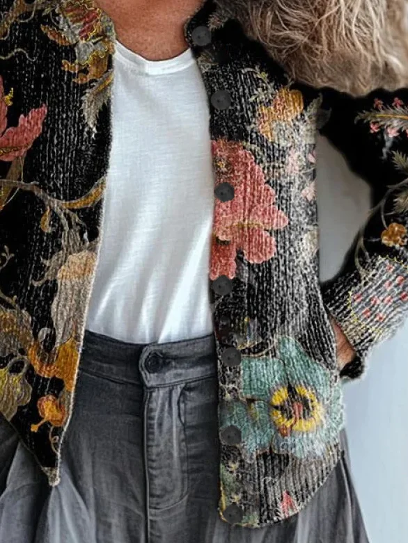 Women Floral Long Sleeve Comfy Vintage Printing Cardigan
