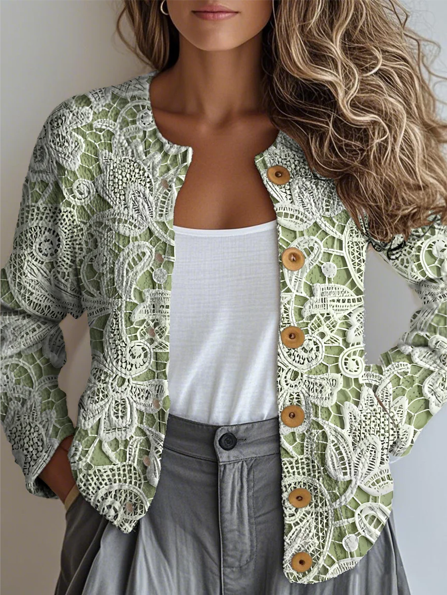 Women 3D Floral Print Long Sleeve Comfy Vintage Cardigan