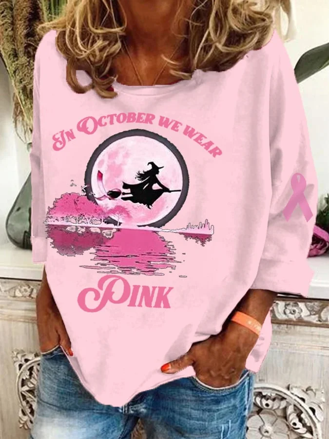 Halloween Witch Pattern Casual Pink Crew Neck Long Sleeve T-shirt