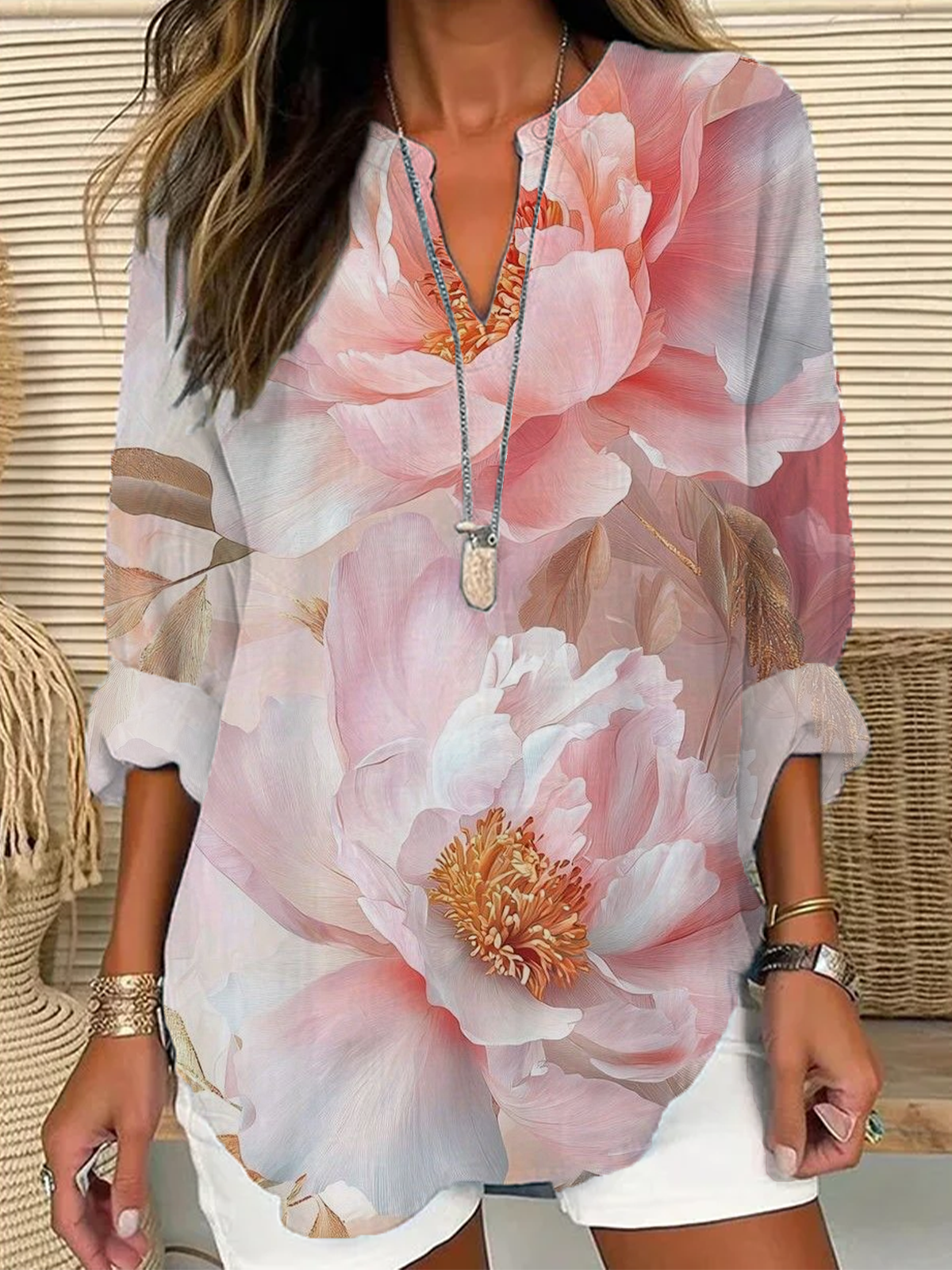 V Neck Long Sleeve Floral Printing Regular Loose Blouse For Women