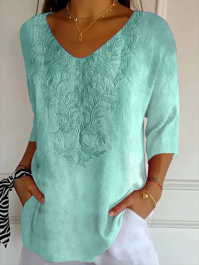 Casual Floral V Neck Three Quarter Sleeve T-shirt