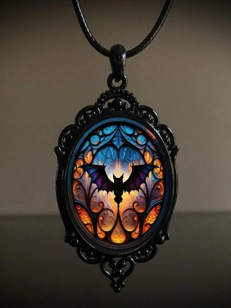 Vintage Gothic Halloween Bat Witch Pendant Necklace