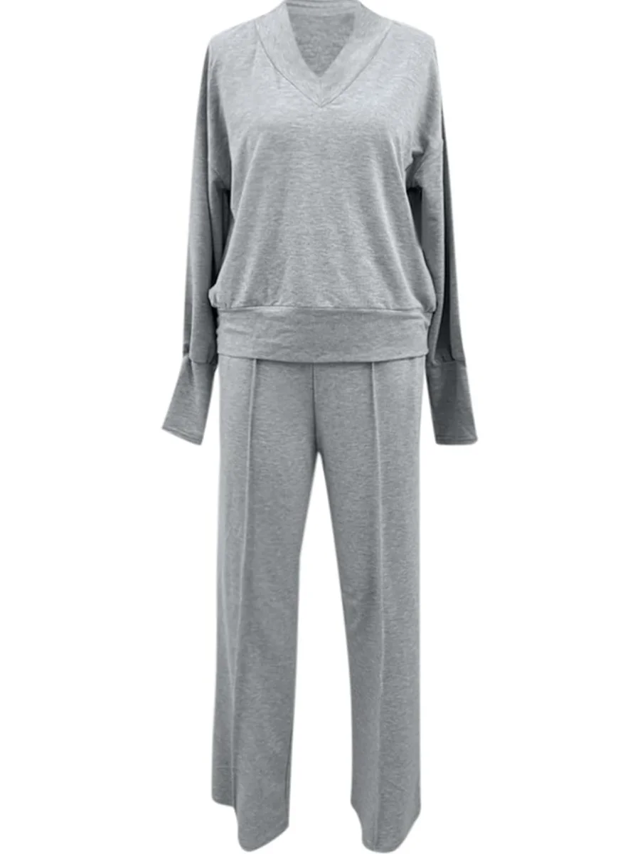 Women Plain Split Joint Two-Piece Set Daily Long Sleeve Casual Spring/Fall Top With Pants Matching Set