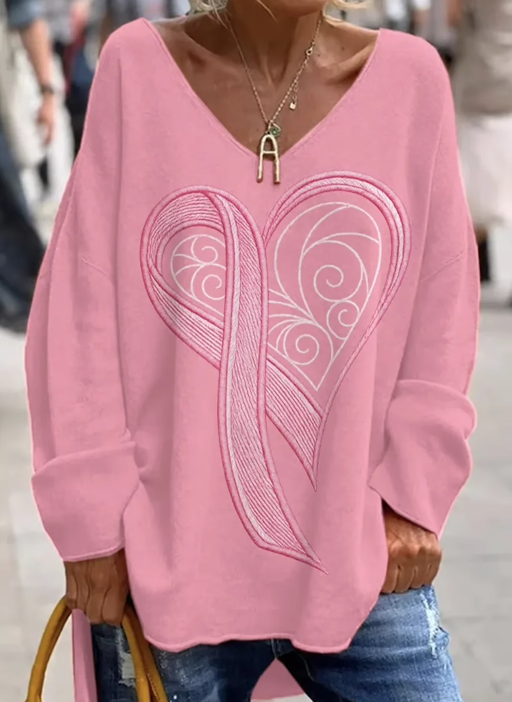 Casual Geometric V Neck Long Sleeve T-shirt