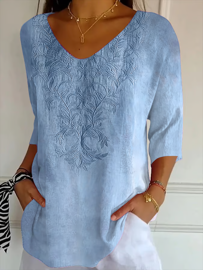 Casual Floral V Neck Three Quarter Sleeve T-shirt