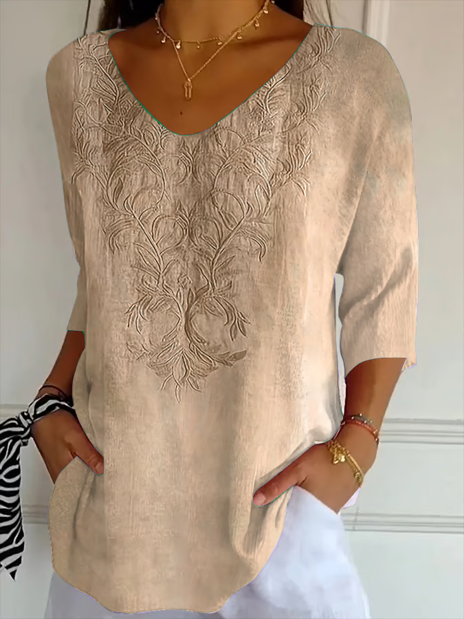 Casual Floral V Neck Three Quarter Sleeve T-shirt