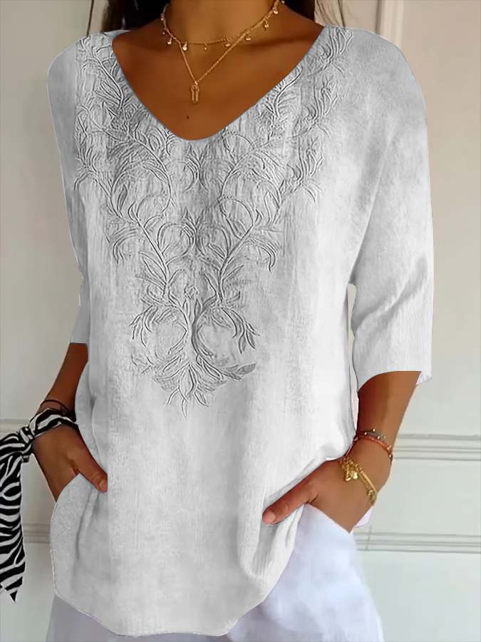 Casual Floral V Neck Three Quarter Sleeve T-shirt