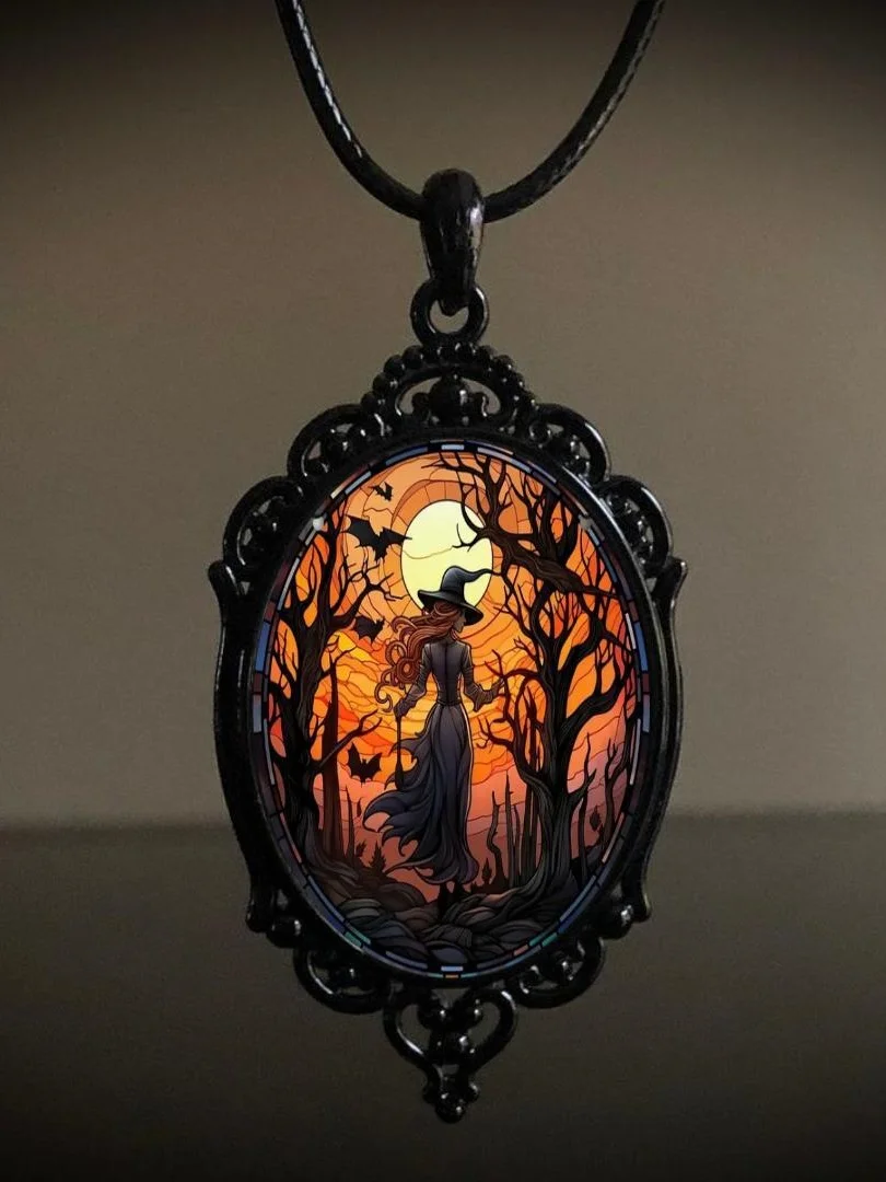 Vintage Gothic Halloween Bat Witch Pendant Necklace