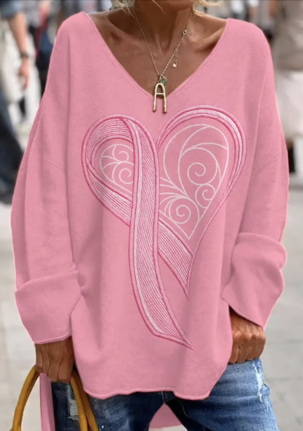 Casual Geometric V Neck Long Sleeve T-shirt