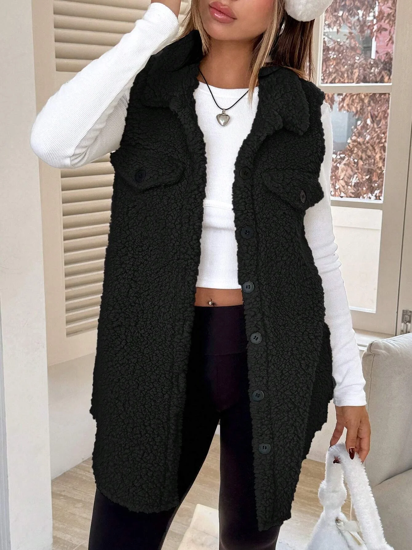 Women's Autumn And Winter Lapel Buttoned Plush Vest Jacket Loose Temperament Commuting Imitation Lambskin