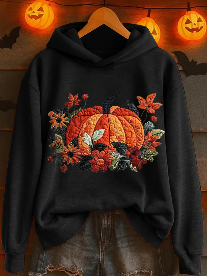 Casual Halloween Pumpkin Floral Print Hoodie