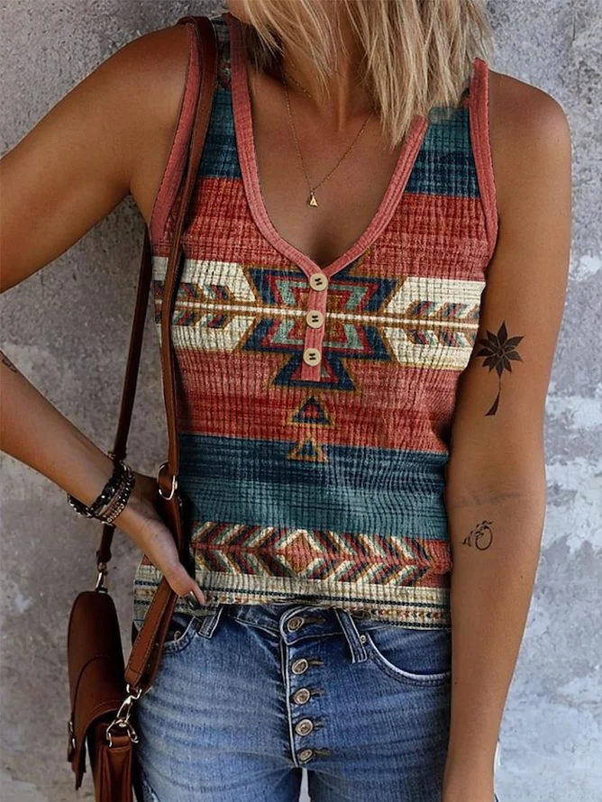 Casual V Neck Geometric Tank Top