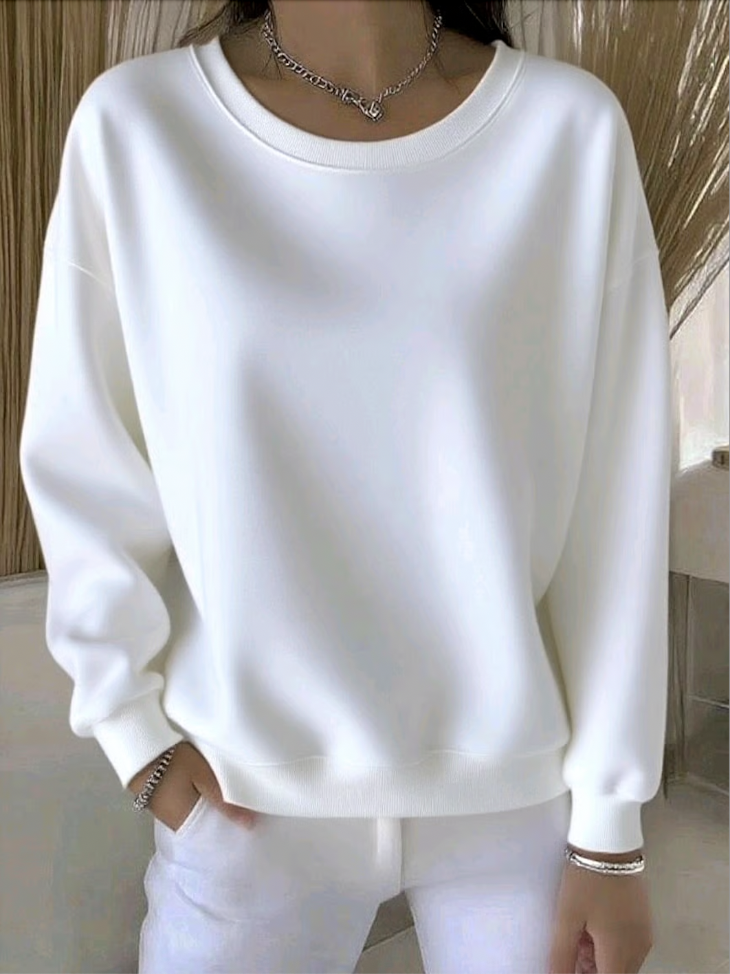 Casual Crew Neck Plain Sweatshirt