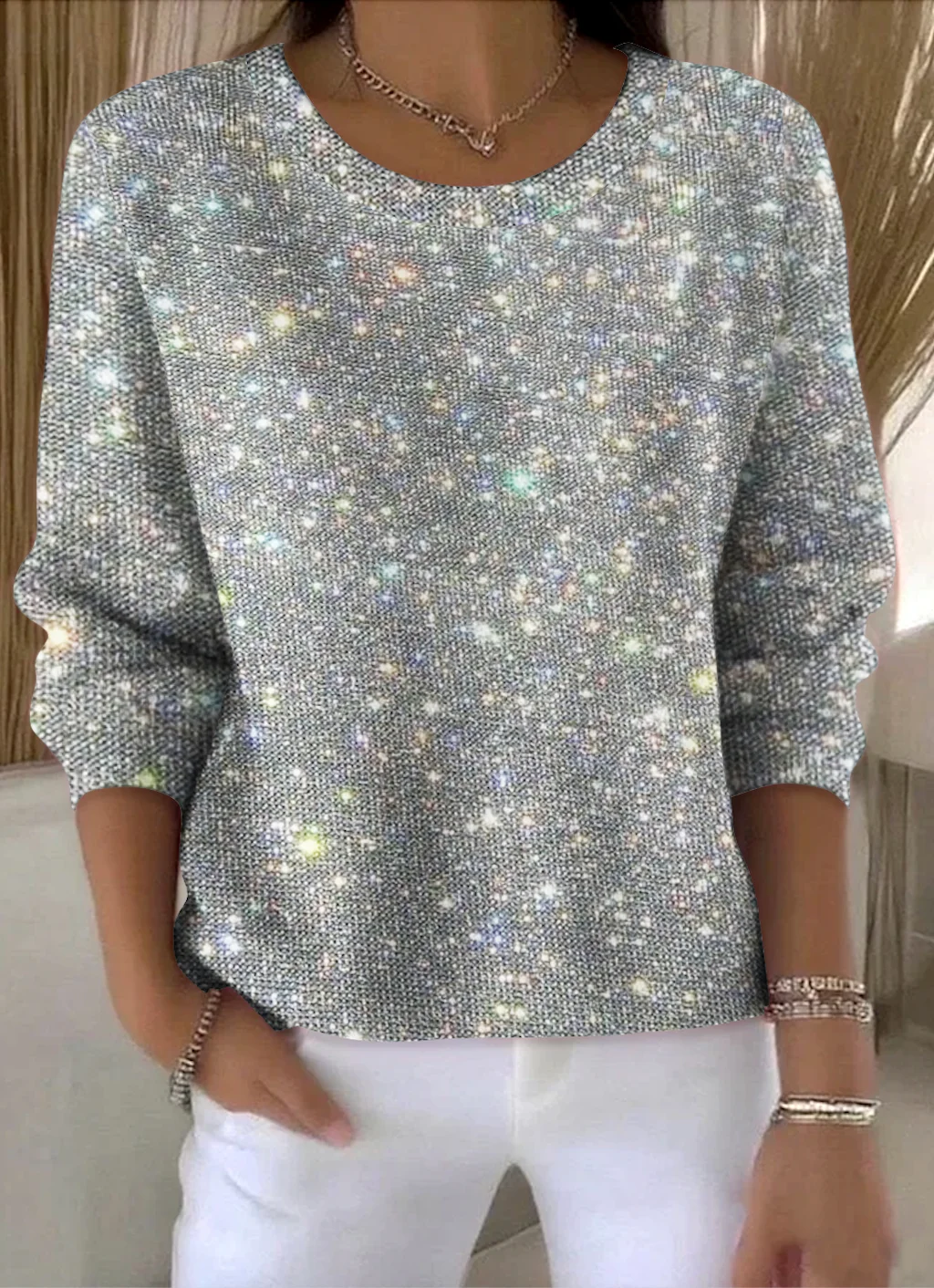 Women Holiday 3D Sequin Print Long Sleeve Cotton Comfy Vintage Sweater