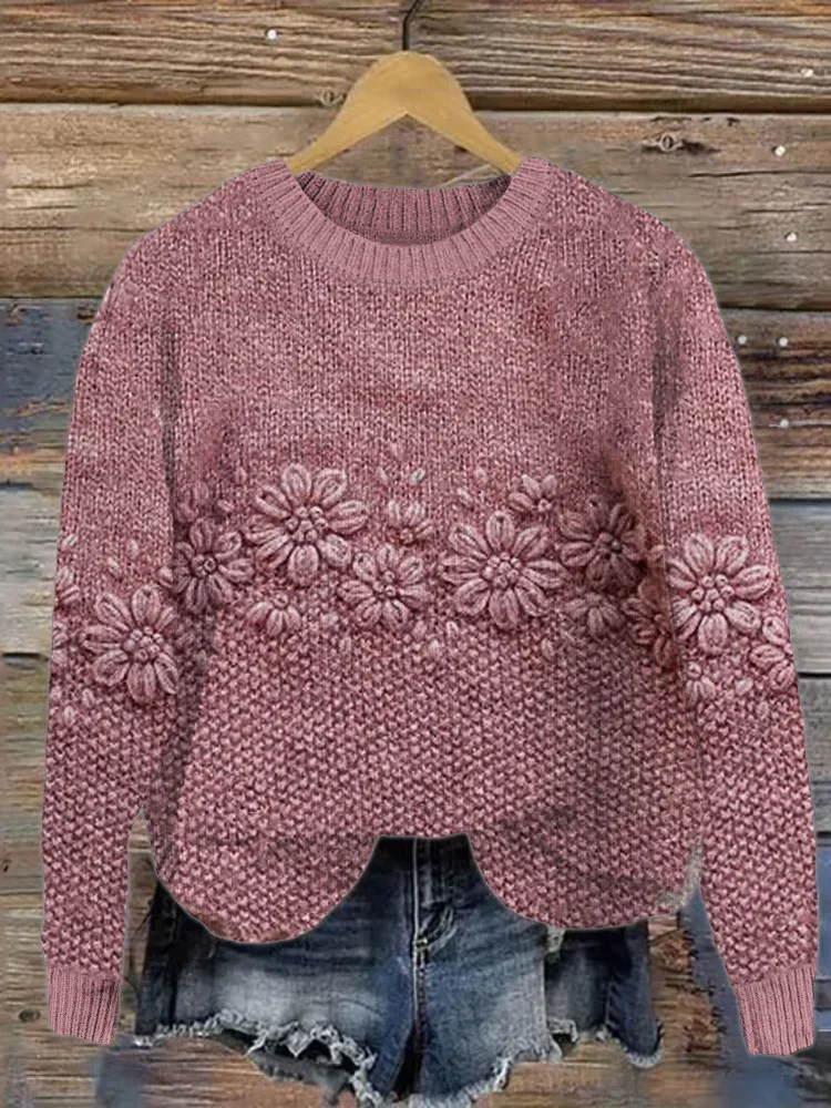 Women Knitted Floral Long Sleeve Comfy Casual Printing Sweater