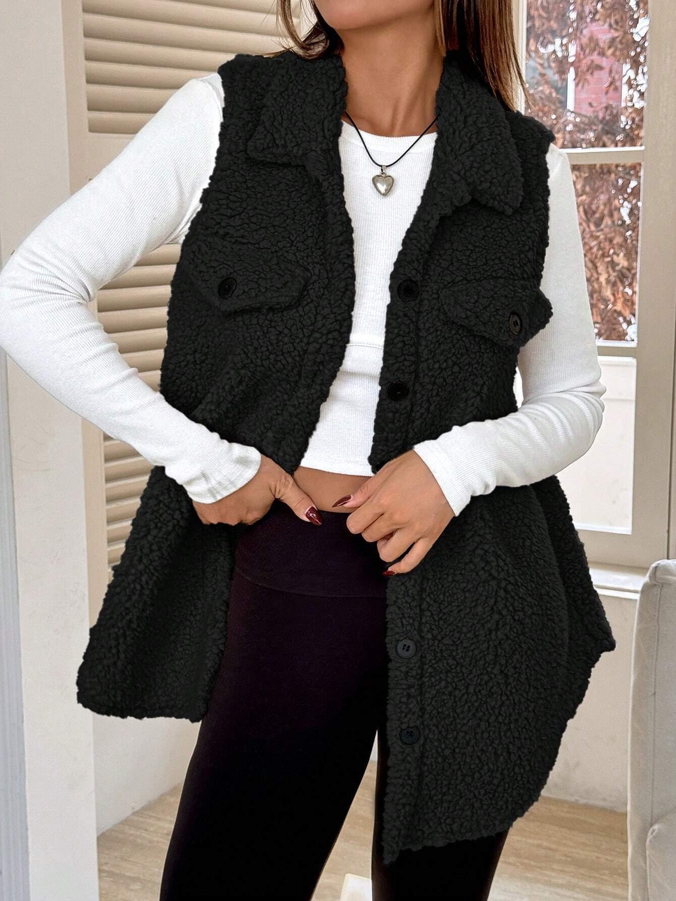 Women's Autumn And Winter Lapel Buttoned Plush Vest Jacket Loose Temperament Commuting Imitation Lambskin