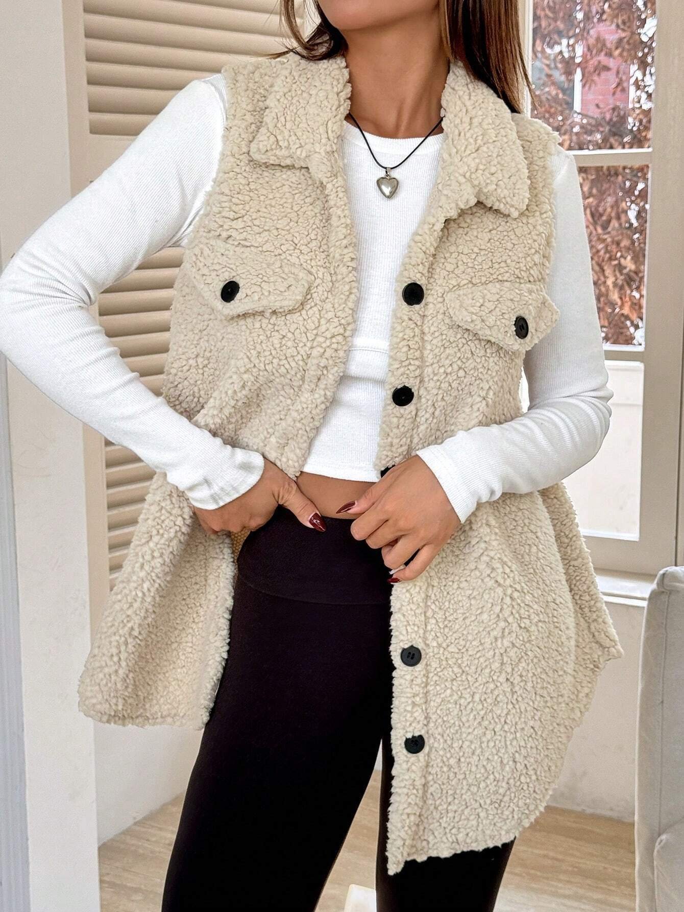 Women's Autumn And Winter Lapel Buttoned Plush Vest Jacket Loose Temperament Commuting Imitation Lambskin