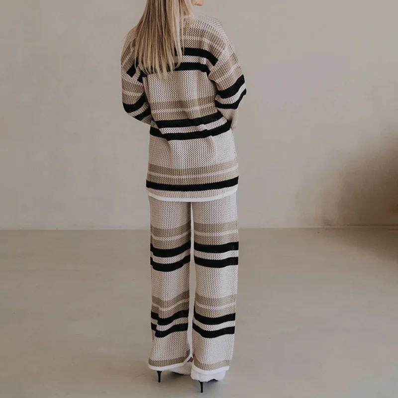 Women Geometric Two-Piece Set Daily Long Sleeve Casual Spring/Fall Top With Pants Matching Set