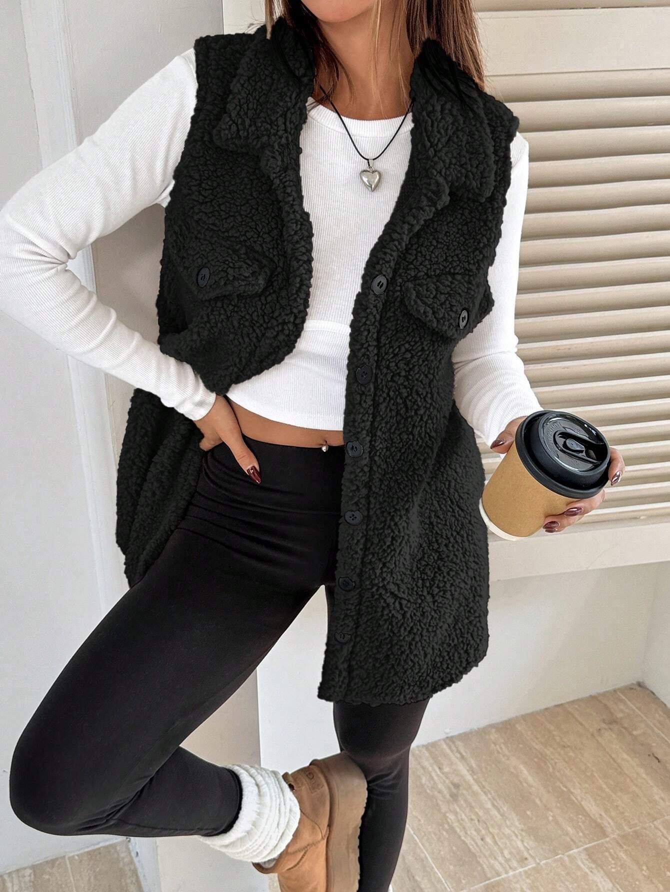 Women's Autumn And Winter Lapel Buttoned Plush Vest Jacket Loose Temperament Commuting Imitation Lambskin