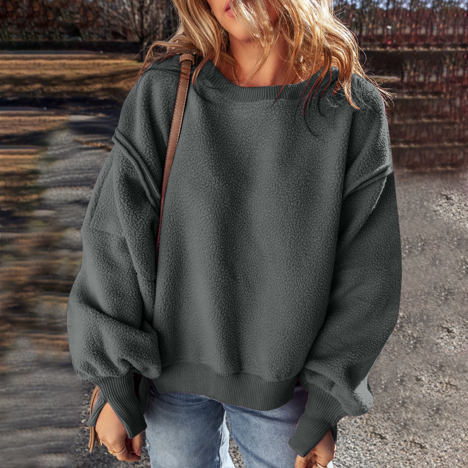 Casual Crew Neck Plain Sweatshirt