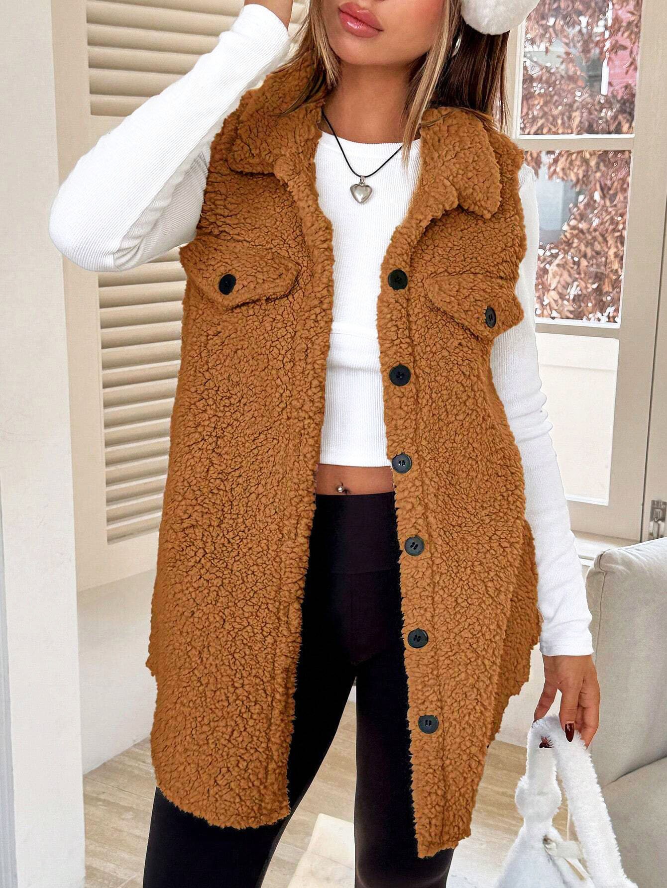 Women's Autumn And Winter Lapel Buttoned Plush Vest Jacket Loose Temperament Commuting Imitation Lambskin