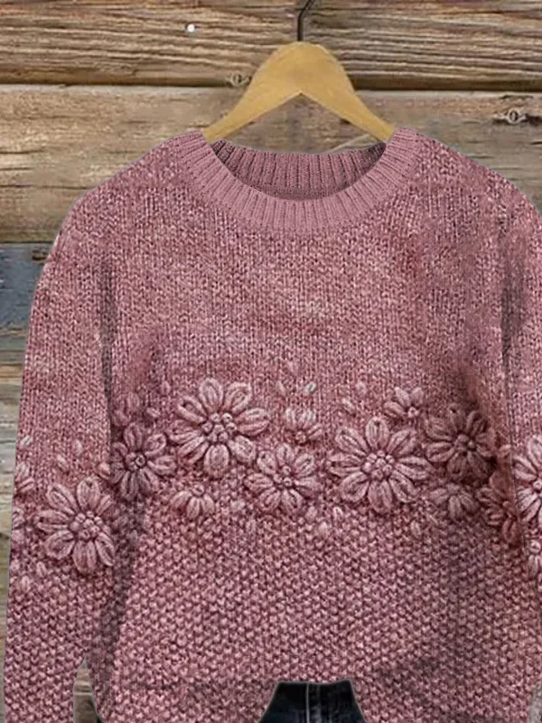 Women Knitted Floral Long Sleeve Comfy Casual Printing Sweater
