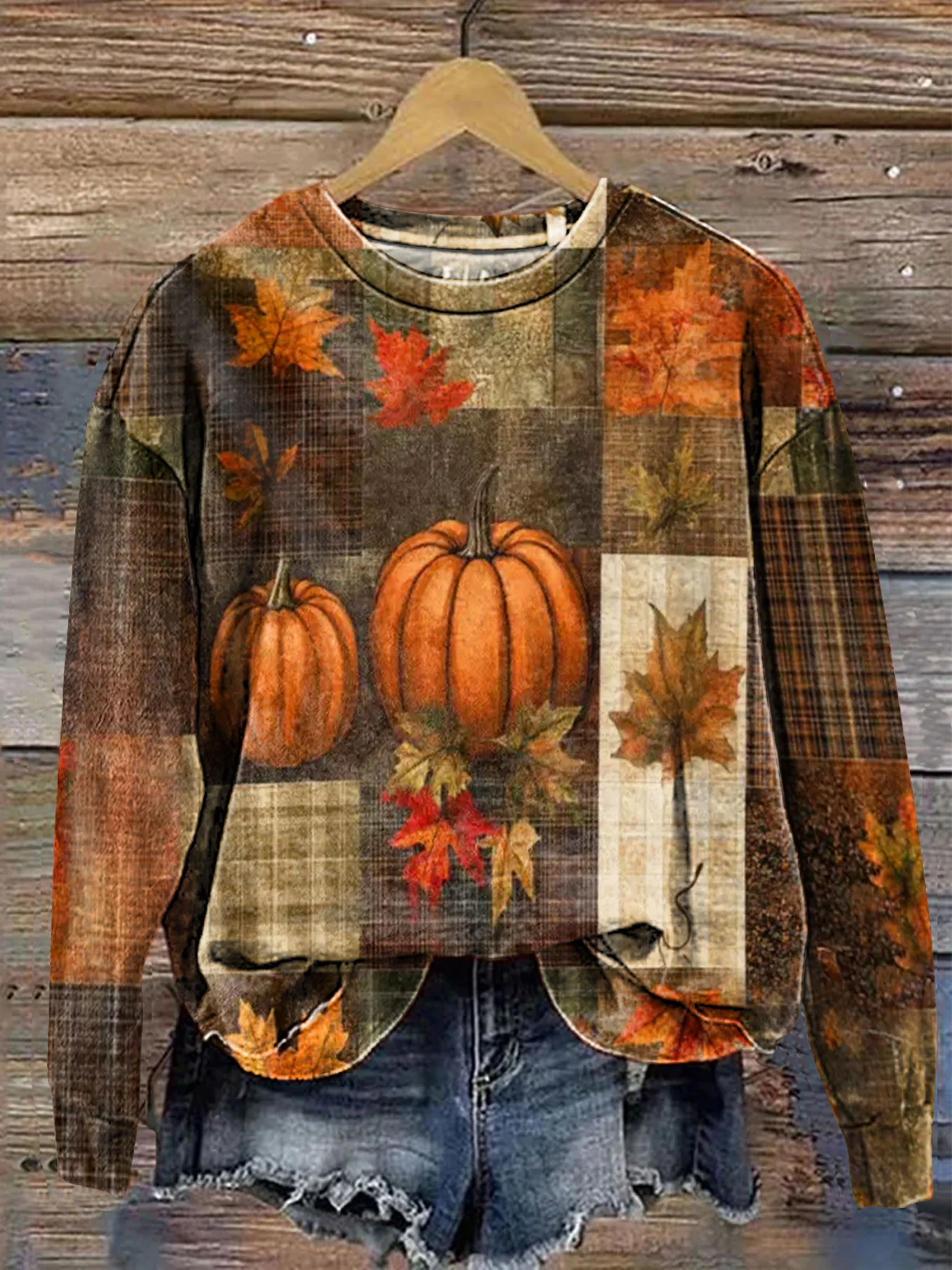 Casual Crew Neck Pumpkin Maple Leaf Printing Sweatshirt 