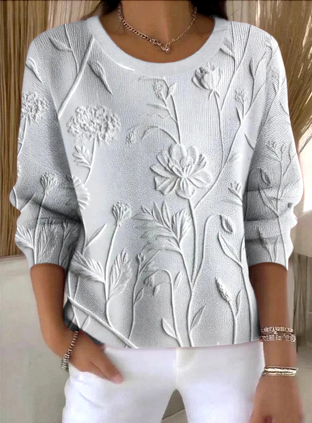 Women Cotton Floral Long Sleeve Comfy Vintage Sweater