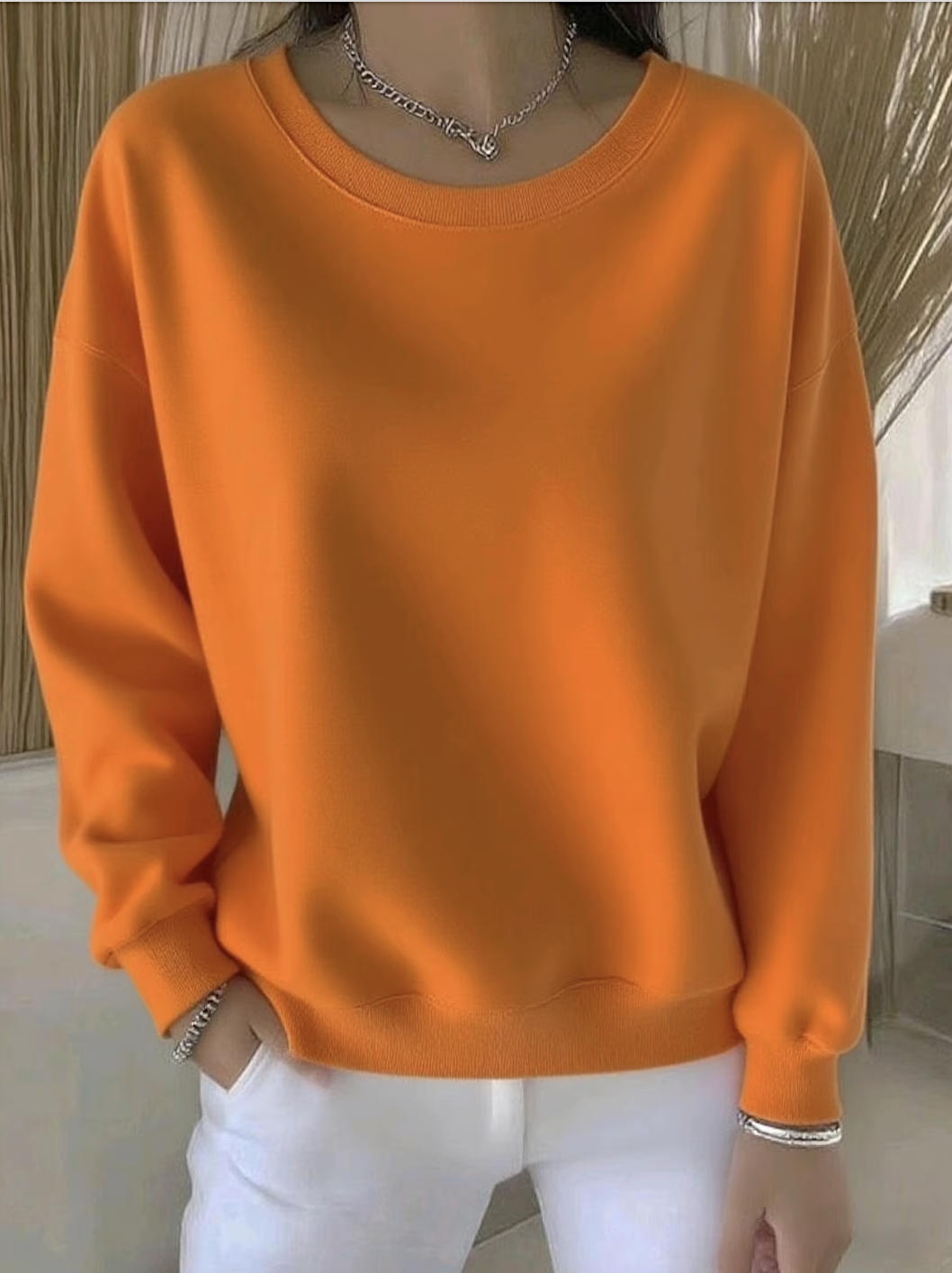 Casual Crew Neck Plain Sweatshirt