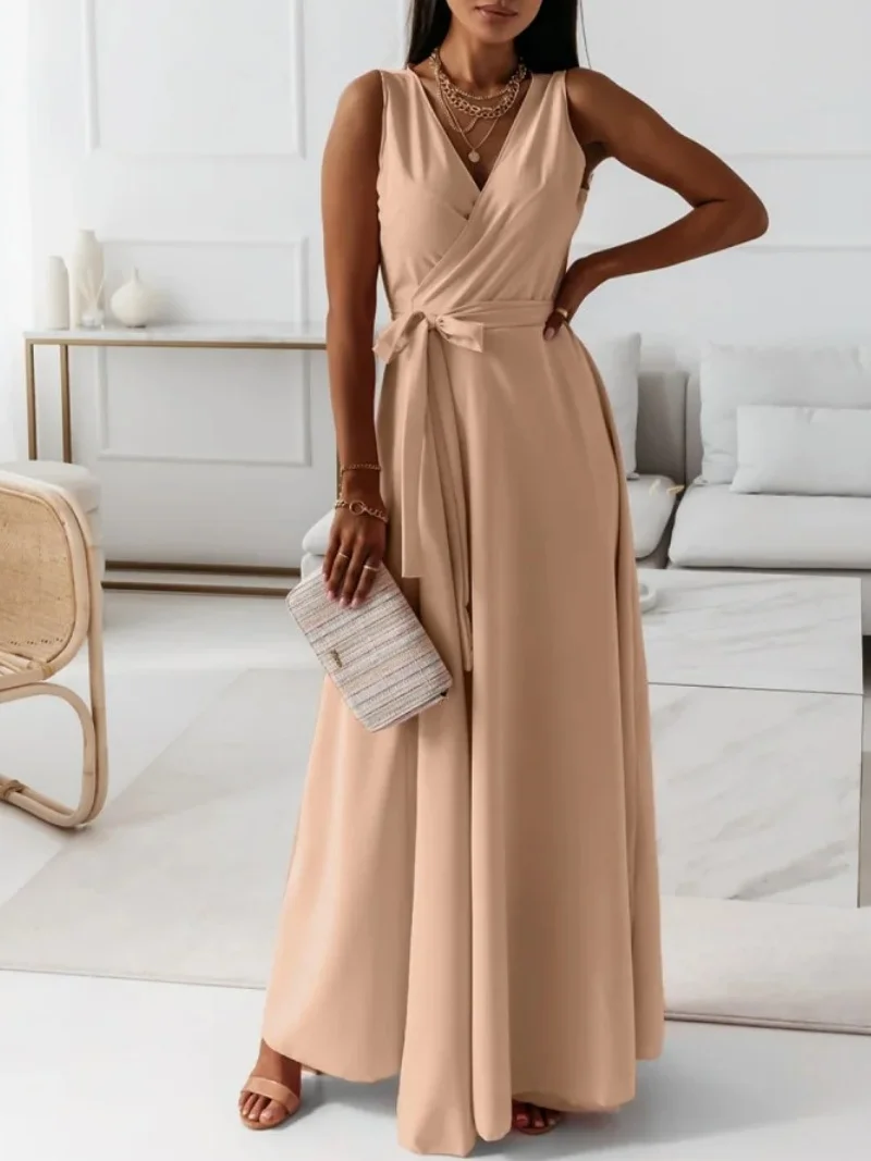 Women Plain Summer Split Joint Dress V Neck Sleeveless Tank A-Line Dress