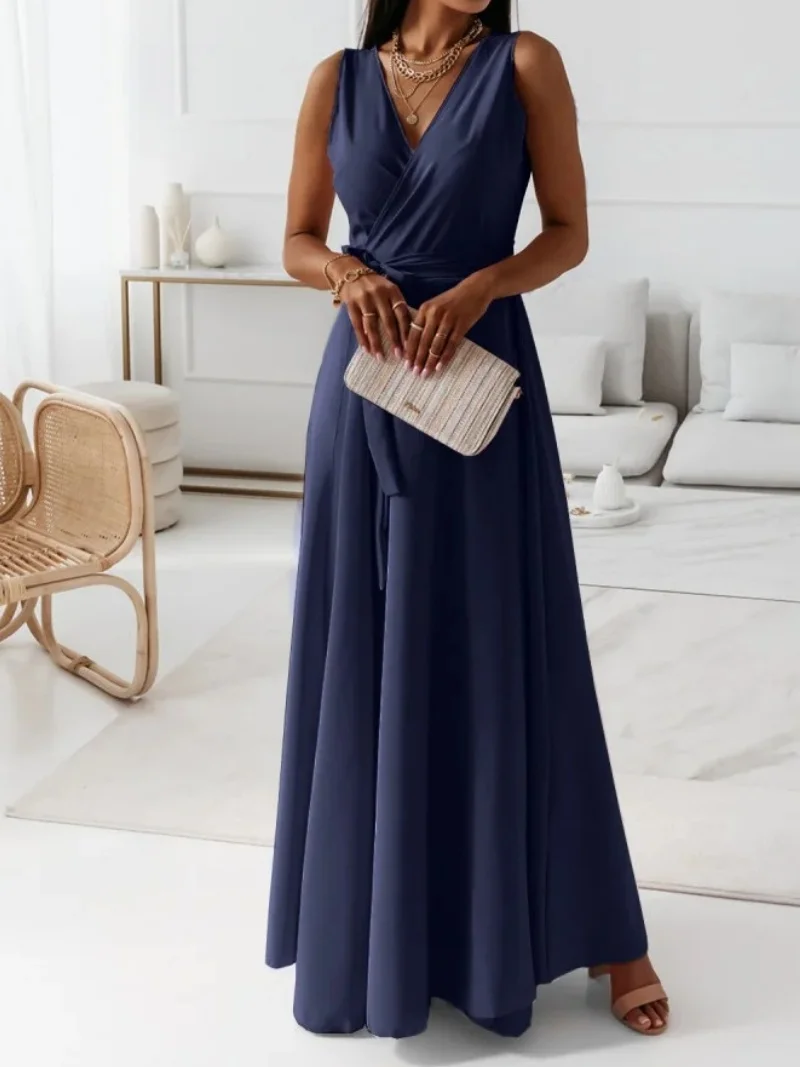 Women Plain Summer Split Joint Dress V Neck Sleeveless Tank A-Line Dress