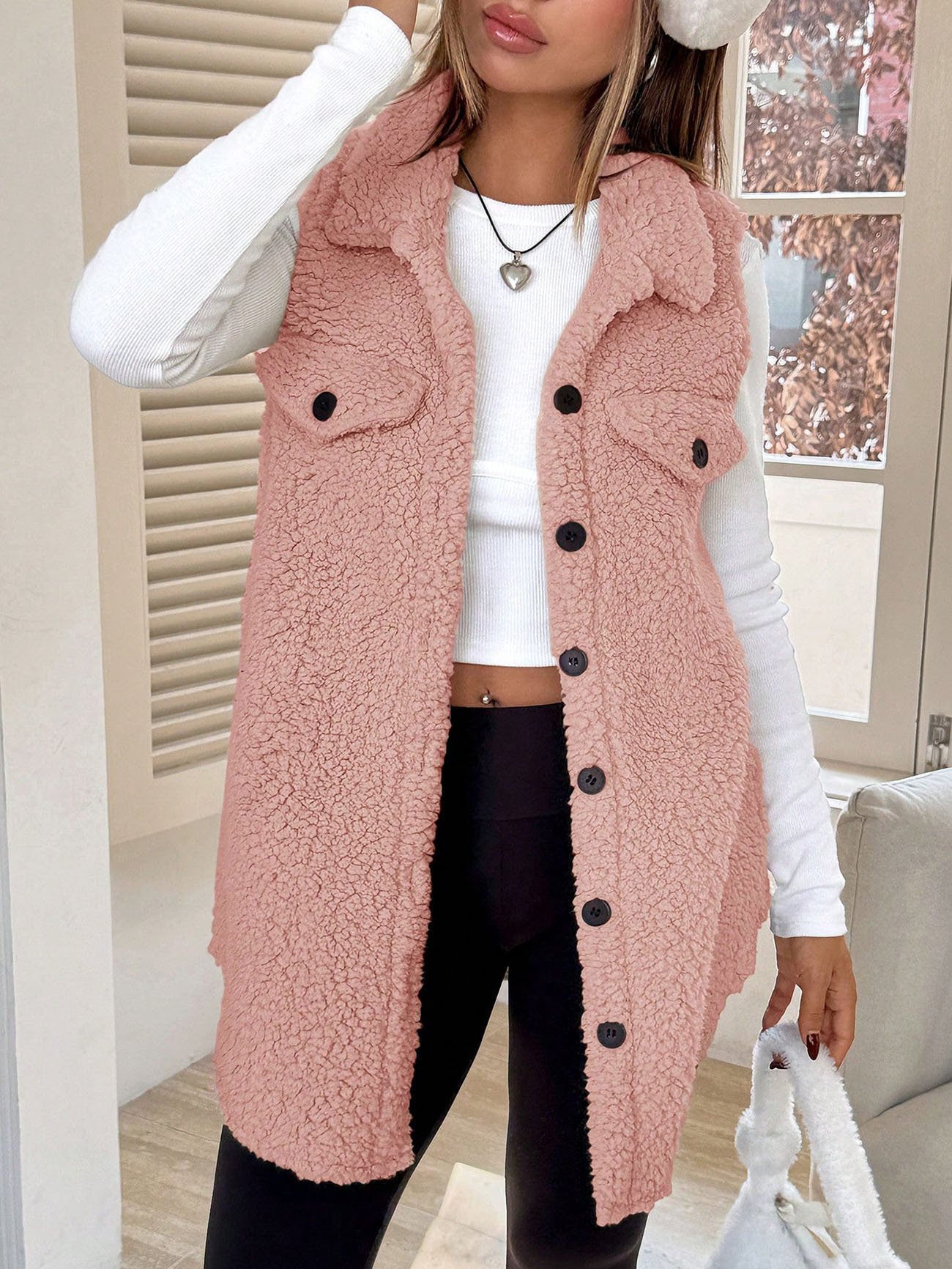 Women's Autumn And Winter Lapel Buttoned Plush Vest Jacket Loose Temperament Commuting Imitation Lambskin