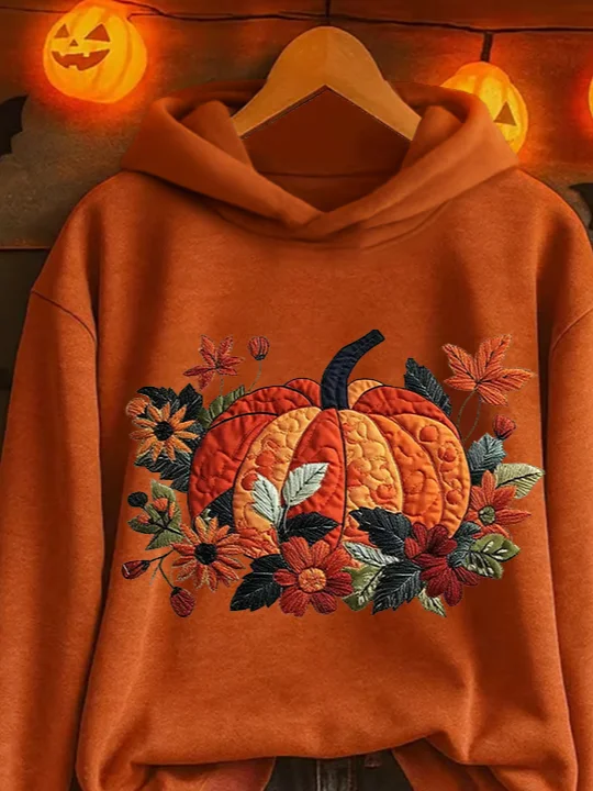 Casual Halloween Pumpkin Floral Print Hoodie