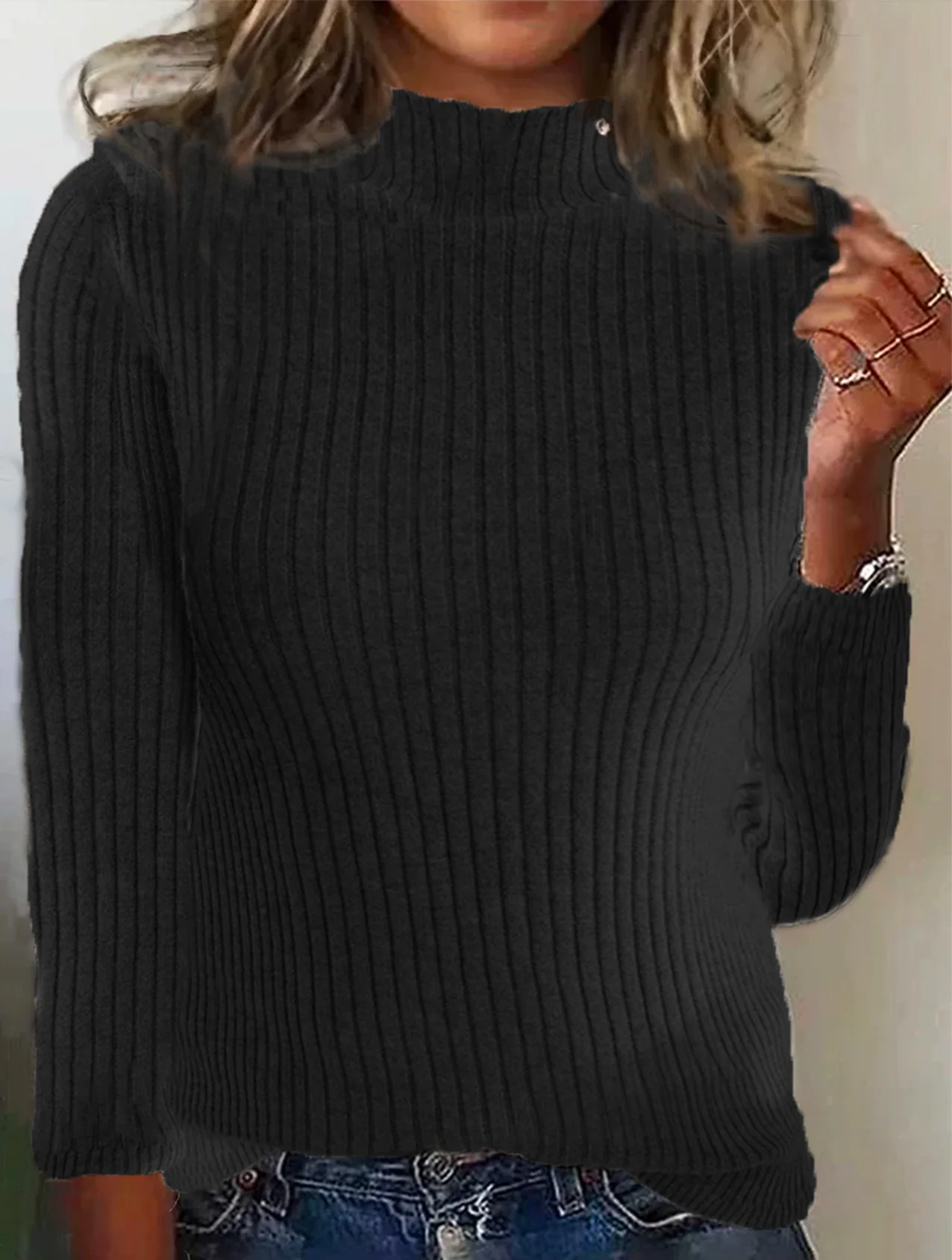 Women Cotton Plain Long Sleeve Comfy Casual Sweater