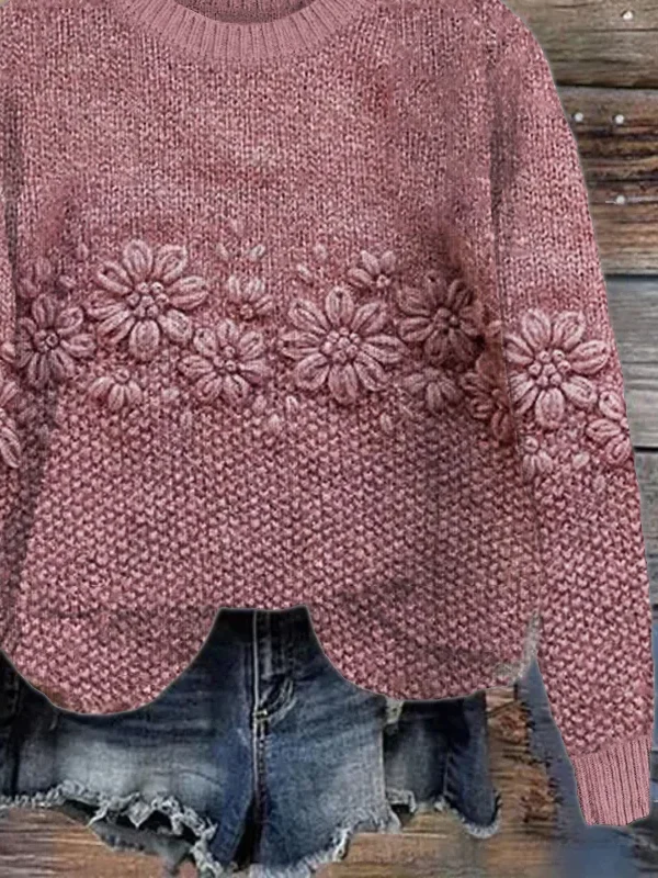 Women Knitted Floral Long Sleeve Comfy Casual Printing Sweater