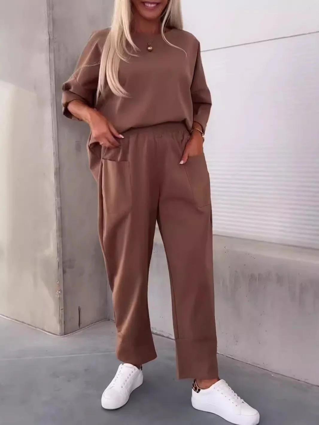 Women Plain Split Joint Two-Piece Set Daily Long Sleeve Casual Spring/Fall Top With Pants Matching Set