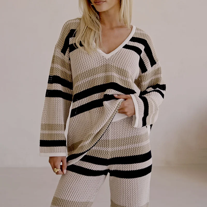 Women Geometric Two-Piece Set Daily Long Sleeve Casual Spring/Fall Top With Pants Matching Set