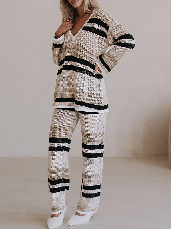 Women Geometric Two-Piece Set Daily Long Sleeve Casual Spring/Fall Top With Pants Matching Set