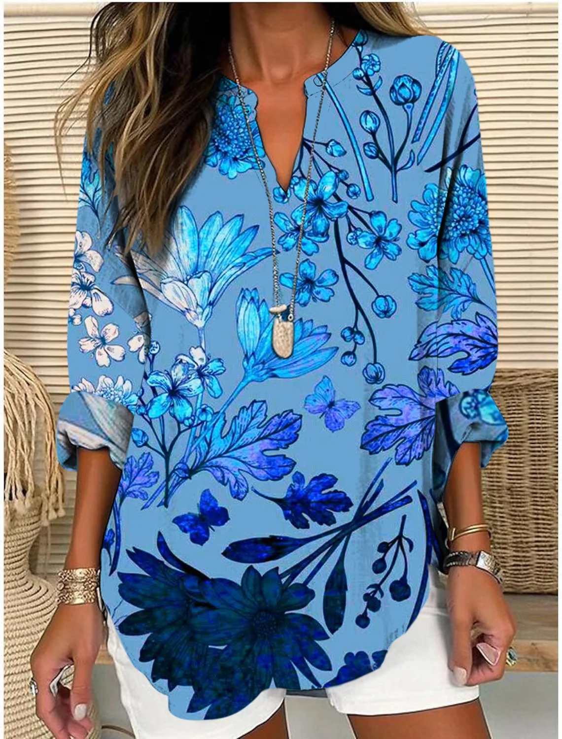 Shawl Collar Half Sleeve Floral Regular Loose Blouse For Women