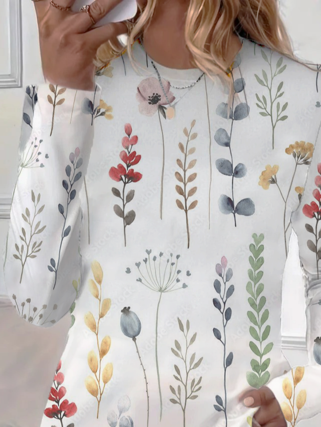 Casual Floral Crew Neck Long Sleeve T-shirt