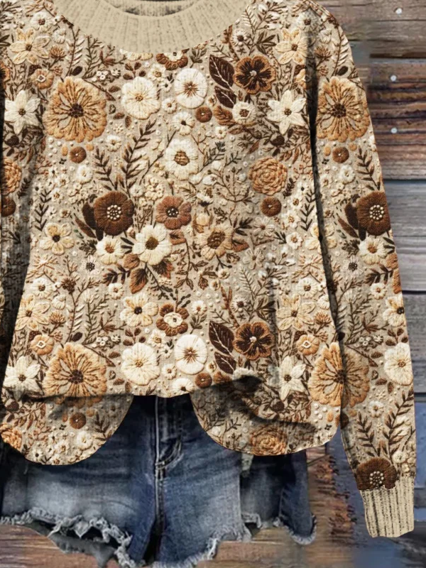 Women Knitted Floral Long Sleeve Comfy Casual Printing Sweater